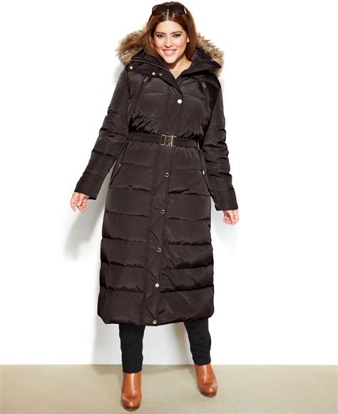 michael kors women's belted faux-fur-trim hooded maxi puffer coat|Women's Belted Faux.